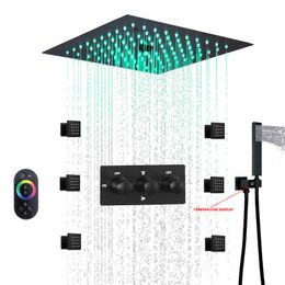 Matte Black LED Shower System Ceiling Mounted 12 Inch Mist and Rain Shower Head Bathroom Cold and Hot Shower Faucet Set