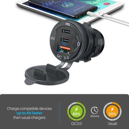 New 115W Aluminium Car Charger Socket Three USB Ports Fast Charger Outlet with Power Switch 12V/24V for Car Boat Marine RV Motorcycle