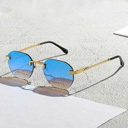 Blue Mirror Frameless Gold Metal Ladies Sunglasses Men Rimless Brown Sun Glasses for Women Fashion Shades Cutting Eyeglass 230920