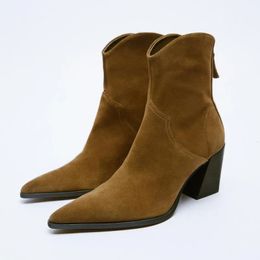 Boot High Heels Heeled Cowboy Ankle TRAF 2023 Winter Fashion Pointed Toes Heel Chunky Woman Shoes Brown 231208