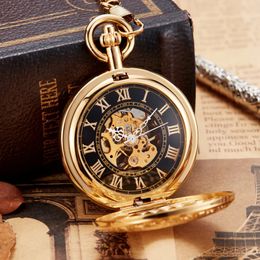 Pocket Watches Luxury Gold Mechanical Pocket Watch Vintage Copper Male Clock Hand Wind Square Necklace Watch Chain For Men Women Gift 231208