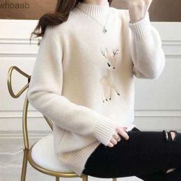 Women's Sweaters Biyaby Embroidery Deer Warm Jumpers Woman 2023 Autumn Winter Half High Collar Knit Sweater Women Korean Loose Long Sleeve Blouse YQ231209