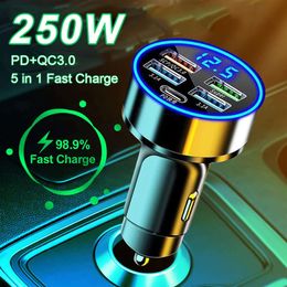 New 250W 4 Ports USB Car Charger Type C PD QC3.0 Fast Charging Adapter LED Display for Huawei Xiaomi iPhone 14 13 12 11 Pro Max