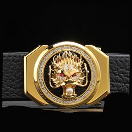 Diamond inlaid genuine men's belt, genuine leather, buffalo leather, high-end export quality, smooth buckle dragon belt, men's luxury brand, middle-aged and young belt