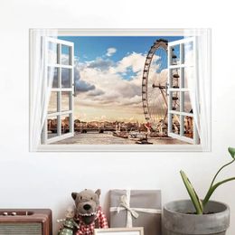 Wall Stickers MAMALOOK Ferris Wheel At Dusk Wall Sticker Fake Window Bedroom Living Room Decoration Mural Wallpaper Art 3D Landscape Stickers 231208