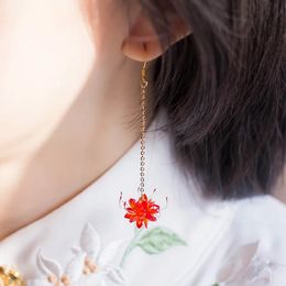 Charm Antique Style Chinese Clothing Equinox Flower Earrings Lycorisradiata Earrings Zircon Long Pendant Ear Stud Clip-on Ear Stud 231208