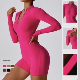 Lu-8194 Womens One Piece Jumpsuits Yoga Outfits Long Sleeve Close-fitting Dance Jumpsuit Short Pants Gym Exercise Coverall Zipper