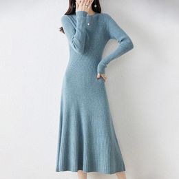 Basic Casual Dresses Winter Autumn Oneck Female 100% Wool Knitted Dress For Women Arrival Long Style 6Colors Jumpers SY01 231208