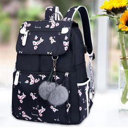 School Bags USB Charge Backpack Female Fashion For Girls Black Plush Ball Girl Schoolbag Cherry Blossom Decoration268s