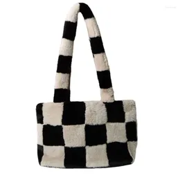 Evening Bags Fashion Black White Checkerboard Pattern Women's Plush Bag Winter Faux Fur Tote Large Capacity Furry Shoulder Messenger