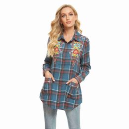 Women's Blouses Shirts Eaeovni Women's V Neck Boho Embroidered Tops blue Long Sleeve flannel Shirts Casual Loose Tunics Blouse YQ231209