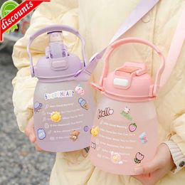 Upgrade 1400ml Cute Girls Water Bottle with Stickers Straw Big Belly Cup Sports Bottle for Water Jug Children Female Kettle with Strap