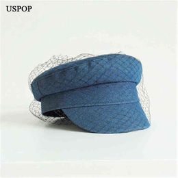 USPOP Brand Designer Fashion Autumn Winter Caps Women Mesh Yarn Newsboy Caps Flat Denim Caps AA2203043105