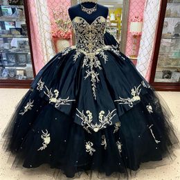 Black Sweetheart Appliques Lace Beads Off The Shoulder Quinceanera Dress 2024 Ball Gown Sweep Train Tulle Princess Party Prom Dress