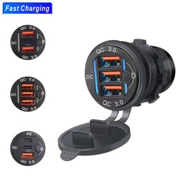 New Triple Socket Aluminum Meter Car Charger QC 3.0 USB PD Type-C 12V-24V Car Motorcycle Cigarette Lighter with Touch Switch