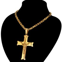 14k Yellow Gold Big Jesus Cross Pendant With Long Chain Mens Gold Colour Crucifix Necklaces Male Religious Jewellery