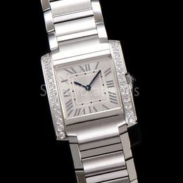 Top Stylish Quartz Watch Women Silver Dial Sapphire Glass Rhinestone Bezel Classic Rectangle Design Wristwatch Ladies Elegant Stainless Steel Band Clock 150N