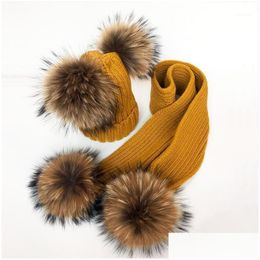 Beanies New Childrens Double Hair Ball Woollen Hat Scarf Set Men And Women Thickened Raccoon Fur Knitted Ear Cap Drop Delivery Sports O Dhamd