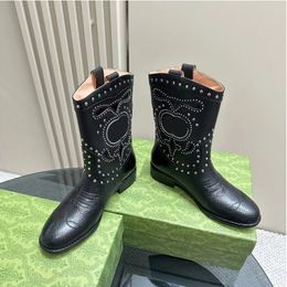 Designer Women Boots luxury Double Studs Boot leather Cowskin fashion Fashion Western Boots Size 35-42