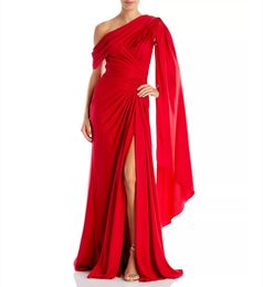 Elegant Long Red One Shoulder Evening With Slit/Cape Mermaid Crepe Pleated Prom Dress Muslim Sweep Train Party Dresses For Women 0516