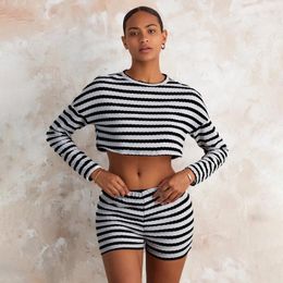 Women's Tracksuits Puloru 2Pieces Knit Sets Stripe Long Sleeve Cropped Pullovers And Elastic Waist Shorts Casual Streetwear Loungewear
