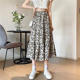 Skirts Elastic Waist Casual Loose All Match Basic Fashion Floral Faldas Clothes Lolita Kawaii Hippie Skirt Women