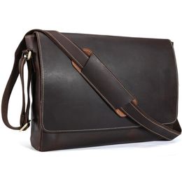 Handmade Genuine Leather 15 inch Laptop Messenger Bag Men Simple Vintage Style Cross body Shoulder Briefcase Large Satchel 1153265R