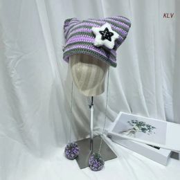 Beanie/Skull Caps Y2K Gothic Knitted Ear Hat Harajuku Little Devil Hat Striped Women Windproof Winter Handmade Beanie Female Hats 231208