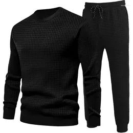 Men's Tracksuits Autumn Winter Solid Small Checker Casual Two Piece Set For Men Versatile Breathable Henry Long-sleeve Shirt Pants Suits