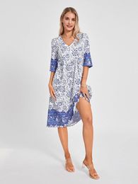 Work Dresses Women Short Sleeve Boho Dress Casual V Neck Floral Party A-Line For Beach Cocktail Summer Streetwear