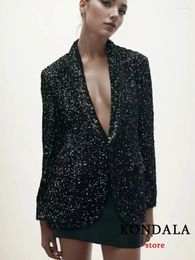 Women's Suits KONDALA Vintage Chic Women Blazer Black Solid Sequined V Neck Long Sleeve Pockets Shiny Fashion 2024 Evening Club Blazers