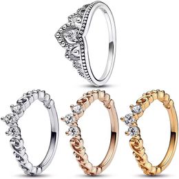 S925 Sterling Silver fits the original Pan Home DIY Rose Gold Fashion gold-plated Crown Ring for women with diamond Sparkly feminine sweetness