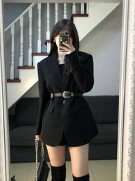 Women's Suits Women Elegant Blazer Jacket For Female Autumn Black Stature High-end Temperament Belt Closure Slimming Suit Coat V-neck Top