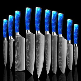 Kitchen LNIFE Set 10 Pieces Chef LNIFE Professional Japanese 7CR17 Stainless Steel Laser EAMASCUS LNIFE Sharp Santoku Blue Resin H2568