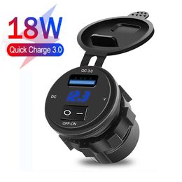 New Motorcycle QC 3.0 Car Charger Socket with ON-OFF Switch USB Fast Charging Adapter Digital Voltmeter Display for Car Accessories