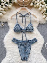 Bras Sets SINGREINY Beach Sensual Denim Women Halter Straps Camis Raw Edge Mini Briefs Underwear Fashion Lingerie Retro Erotic Suits 231208