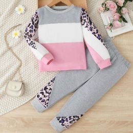 Clothing Sets Girls' Round Neck Long Sleeve Color Matching Top Pants Leopard Print Two Piece Set 4-11Y