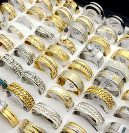 Whole 50pcs Lots Top Rhinstone Zircon Gold Plate Silver Plate Stainless Steel Ring For Men039s Women039s Wedding Gift Je301Y5263887