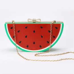 Designed Watermelon Shape Acrylic Lemon Evening Bags Plastic Clutch Party Fruit Crystal Bow Handbag Diamond Women Messenger Purse 261Y