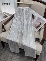 Women's Jeans Circyy Sequins Pant High Waist Glitter Pants Drawstring Loose Wide Leg Trousers Vintage Fashion Full Length Shiny 231208