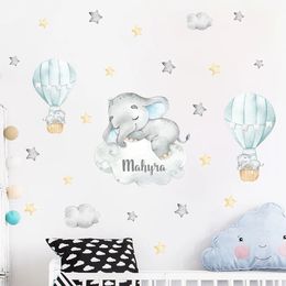 Wall Stickers Cartoon Bear Air Balloon Clouds Grey Blue Custom Name Wall Stickers Watercolour Nursery Vinyl Wall Decals for Kids Room Decor 231208