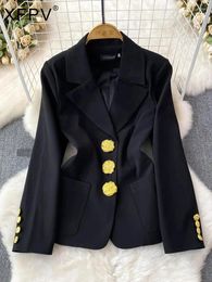 Women's Suits XFPV Female Solid Color Casual Blazer Slim Fashion Long Sleeve Thicken Notched Button Top Coat Autumn Winter 2023 SM94370