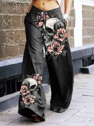 Women's Jean Skull Print Cargo Pants Dark Rock Style Fashion Summer Female Street Loose Wideleg Laceup Casual Trousers 231208