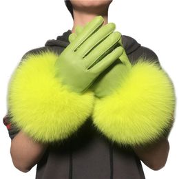 Five Fingers Gloves Wholesale Fox Fur Gloves Winter Female Luxury Style Warm Sheepskin Genuine Leather Gloves Driving Thickening Mitten 231208