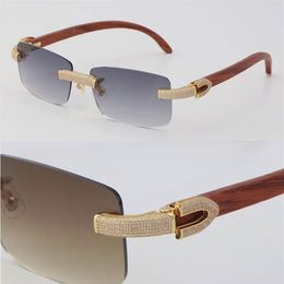 New Micro-paved Diamond Rimless Wooden Womans Sunglasses Original Wood mens Rocks Frame Male and Female Eyewear 18K Gold C Decorat226k