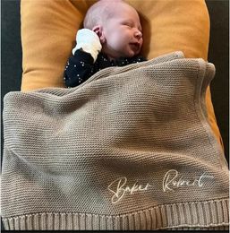 Embroidery Baby Shower born Gift Personalized Name Soft Breathable Cotton Knitted Blanket Swaddle Stroller 231221