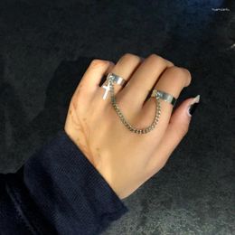 Cluster Rings Punk Hip-Hop Cross Ring Hand Silver Colour Plated Retro Finger Chain Adjustable Jewellery Gift For Unisex Party