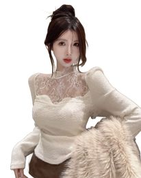 New design women's stand collar eyelash lace long sleeve mohair wool knitted sweater tees SMLXL
