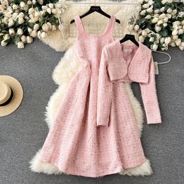 Two Piece Dress New Winter Pink Woolen 2 Pieces Dress Set Outfits Women's Spaghetti Strap Plaid Tweed Midi Vestidos Short Jacket Cardigan Coat 2024