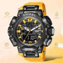 Wristwatches SMAEL Dual Time LED Digital Watch For Men 50m Waterproof Chronograph Quartz Watches Orange Military Sport Electronic 298c